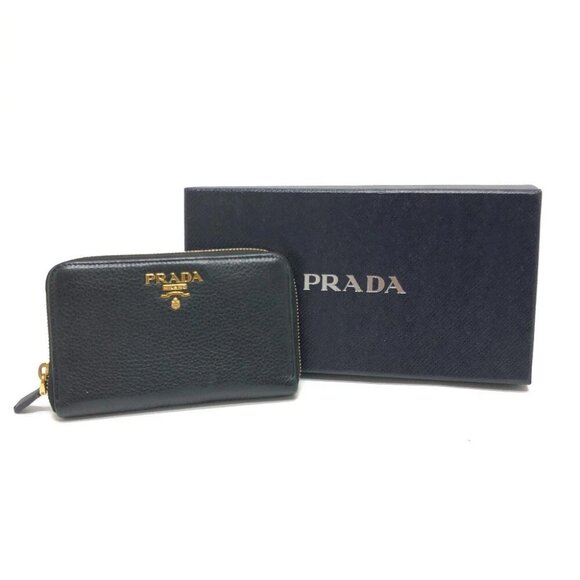 PRADA 1ML157 logo Round Wallet Long Wallet Leather Black/GoldHardware - Picture 1 of 16